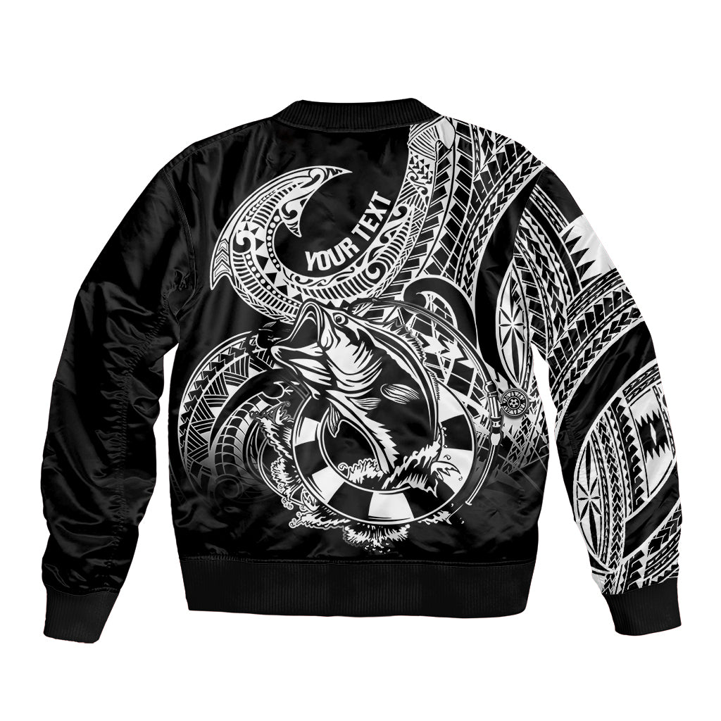 Personalised Polynesia Bomber Jacket Fish Hook Tattoo Go Fishing Polynesian Pattern Black - Wonder Print Shop