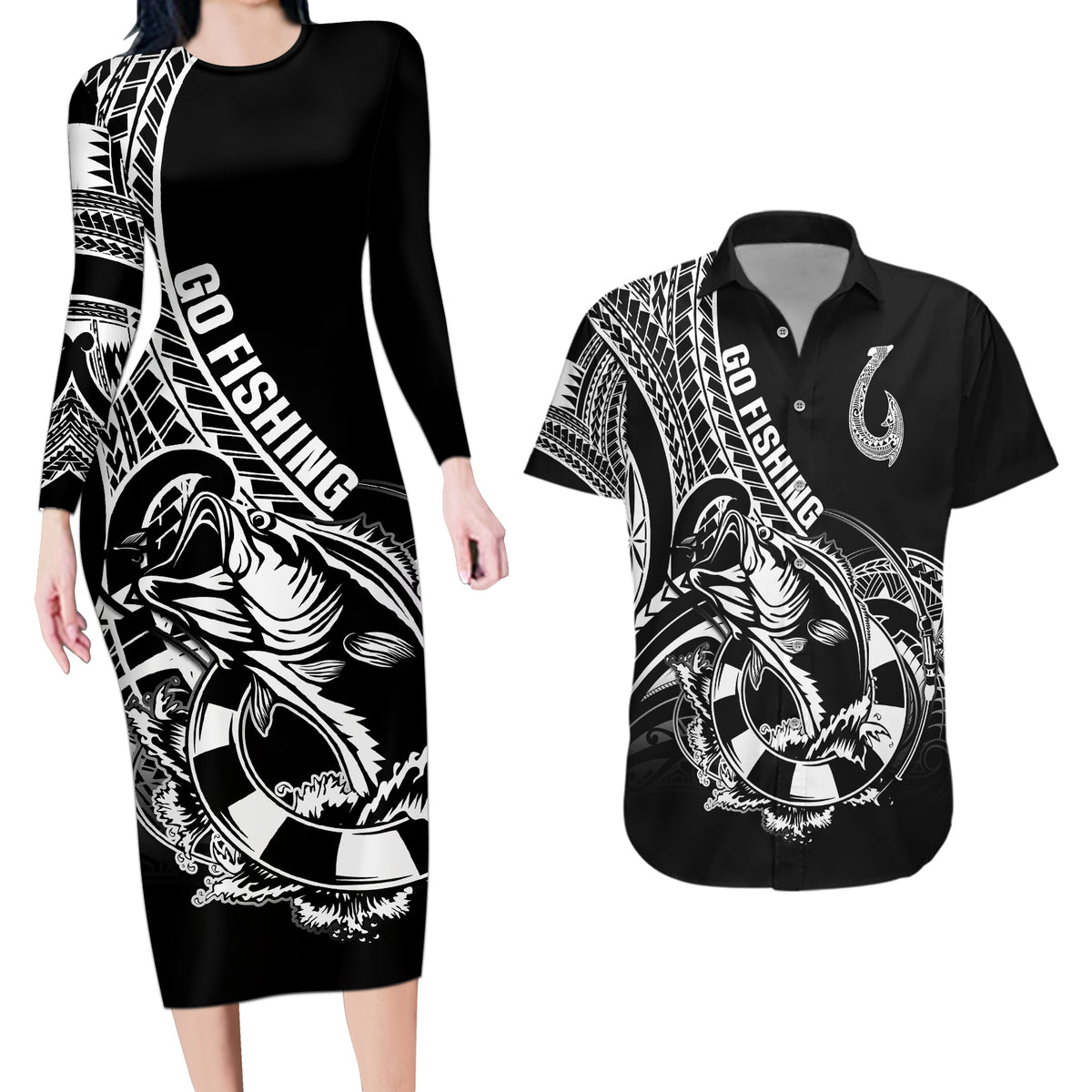 Personalised Polynesia Couples Matching Long Sleeve Bodycon Dress and Hawaiian Shirt Fish Hook Tattoo Go Fishing Polynesian Pattern Black - Wonder Print Shop