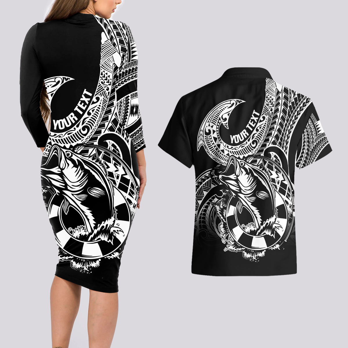 Personalised Polynesia Couples Matching Long Sleeve Bodycon Dress and Hawaiian Shirt Fish Hook Tattoo Go Fishing Polynesian Pattern Black - Wonder Print Shop