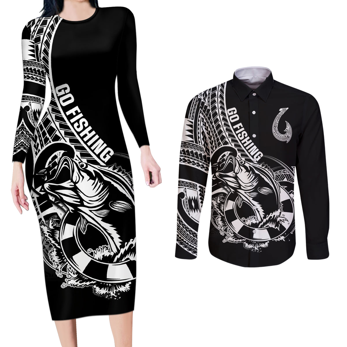 Personalised Polynesia Couples Matching Long Sleeve Bodycon Dress and Long Sleeve Button Shirts Fish Hook Tattoo Go Fishing Polynesian Pattern Black - Wonder Print Shop