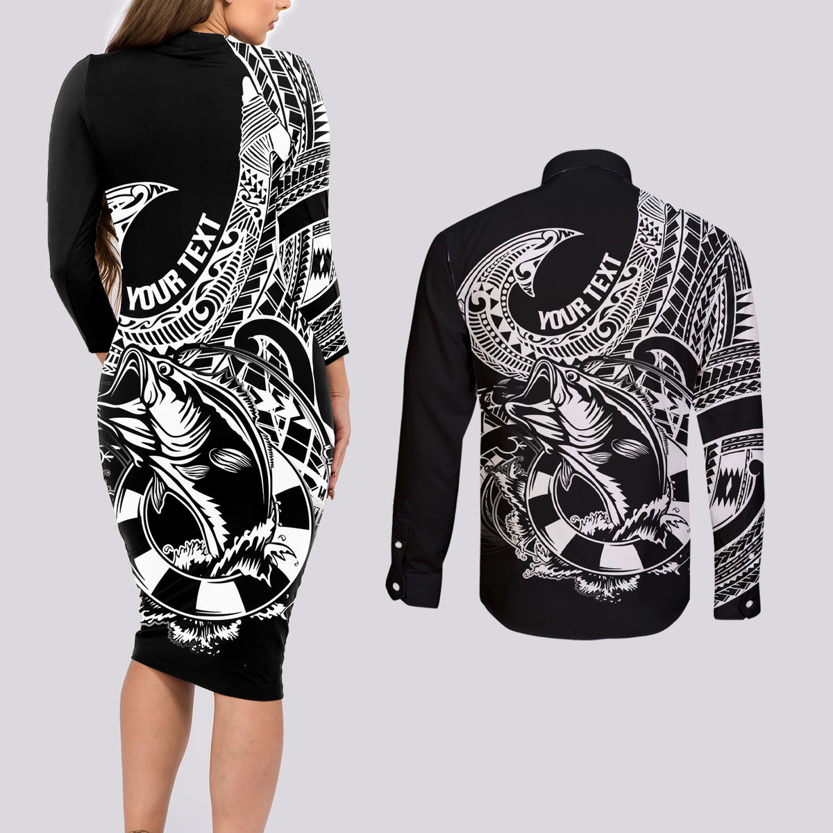 Personalised Polynesia Couples Matching Long Sleeve Bodycon Dress and Long Sleeve Button Shirts Fish Hook Tattoo Go Fishing Polynesian Pattern Black - Wonder Print Shop