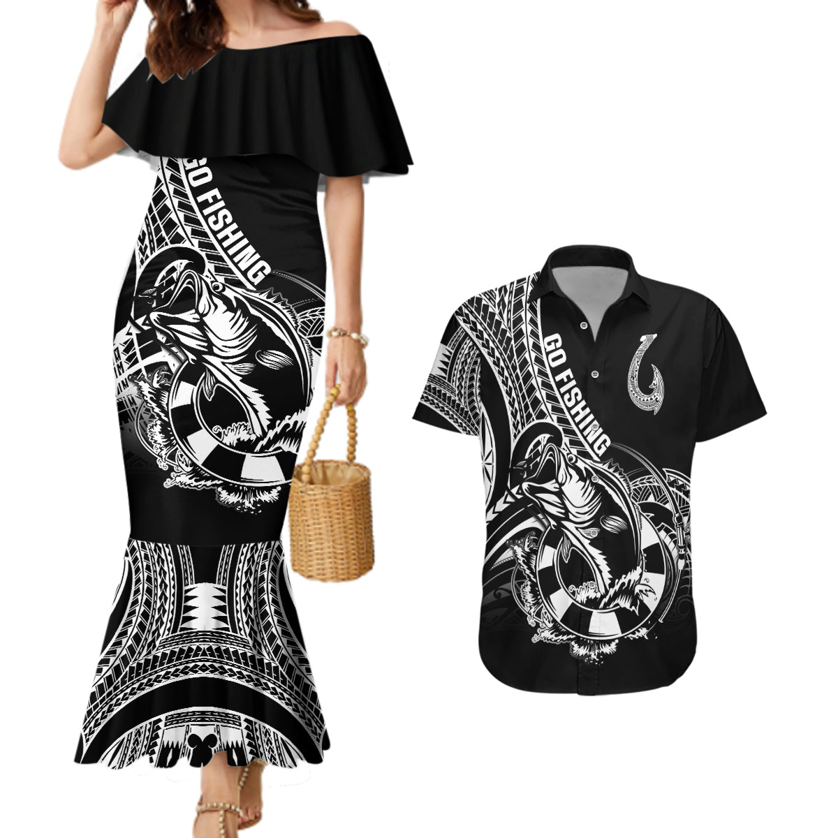 Personalised Polynesia Couples Matching Mermaid Dress and Hawaiian Shirt Fish Hook Tattoo Go Fishing Polynesian Pattern Black - Wonder Print Shop