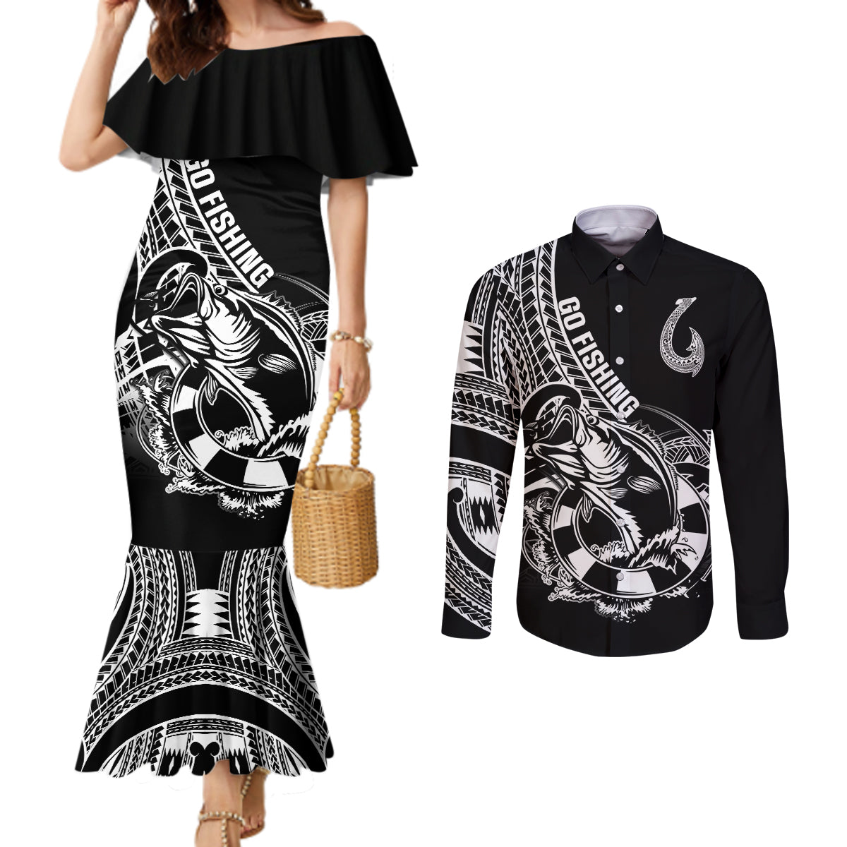 personalised-polynesia-couples-matching-mermaid-dress-and-long-sleeve-button-shirts-fish-hook-tattoo-go-fishing-polynesian-pattern-black
