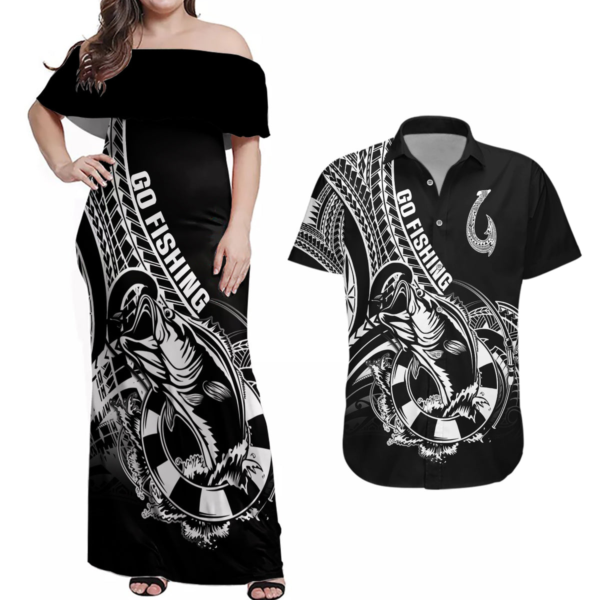 Personalised Polynesia Couples Matching Off Shoulder Maxi Dress and Hawaiian Shirt Fish Hook Tattoo Go Fishing Polynesian Pattern Black - Wonder Print Shop