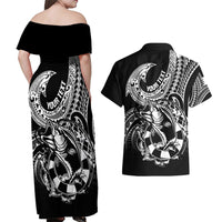 Personalised Polynesia Couples Matching Off Shoulder Maxi Dress and Hawaiian Shirt Fish Hook Tattoo Go Fishing Polynesian Pattern Black - Wonder Print Shop