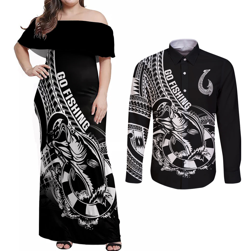 Personalised Polynesia Couples Matching Off Shoulder Maxi Dress and Long Sleeve Button Shirts Fish Hook Tattoo Go Fishing Polynesian Pattern Black - Wonder Print Shop