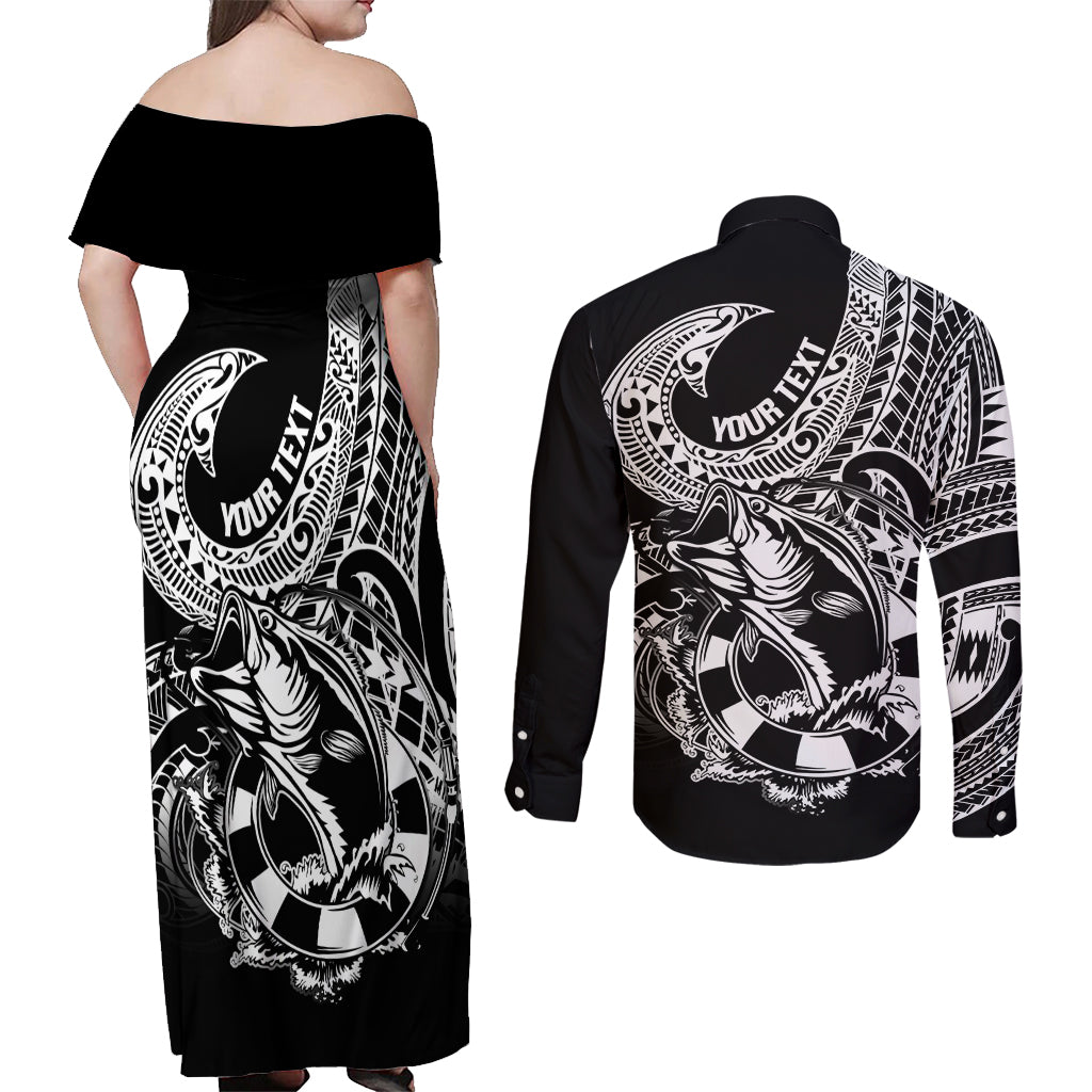 Personalised Polynesia Couples Matching Off Shoulder Maxi Dress and Long Sleeve Button Shirts Fish Hook Tattoo Go Fishing Polynesian Pattern Black - Wonder Print Shop