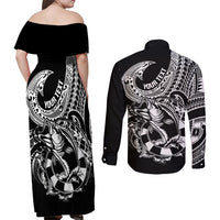 Personalised Polynesia Couples Matching Off Shoulder Maxi Dress and Long Sleeve Button Shirts Fish Hook Tattoo Go Fishing Polynesian Pattern Black - Wonder Print Shop