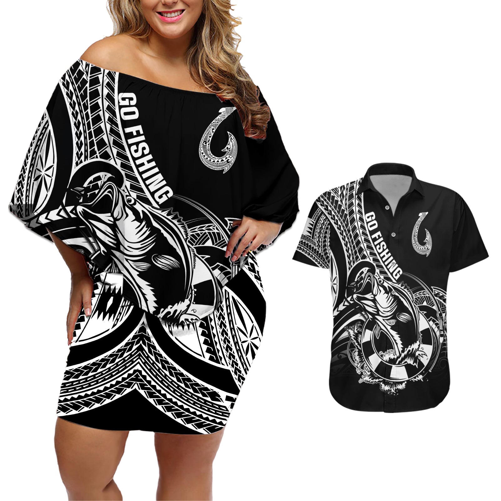 Personalised Polynesia Couples Matching Off Shoulder Short Dress and Hawaiian Shirt Fish Hook Tattoo Go Fishing Polynesian Pattern Black - Wonder Print Shop