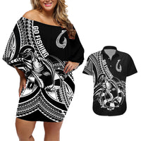 Personalised Polynesia Couples Matching Off Shoulder Short Dress and Hawaiian Shirt Fish Hook Tattoo Go Fishing Polynesian Pattern Black - Wonder Print Shop