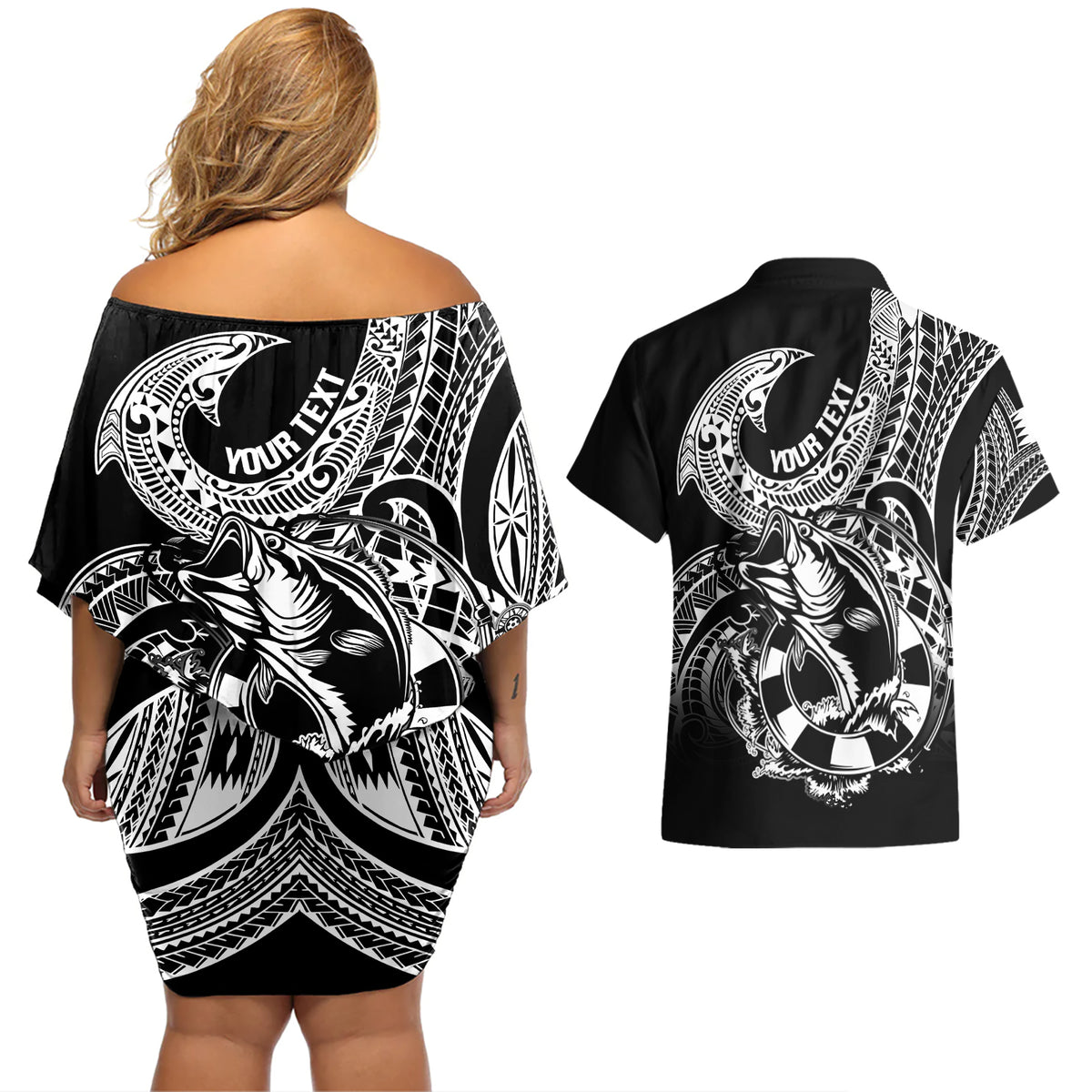 Personalised Polynesia Couples Matching Off Shoulder Short Dress and Hawaiian Shirt Fish Hook Tattoo Go Fishing Polynesian Pattern Black - Wonder Print Shop