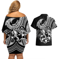 Personalised Polynesia Couples Matching Off Shoulder Short Dress and Hawaiian Shirt Fish Hook Tattoo Go Fishing Polynesian Pattern Black - Wonder Print Shop