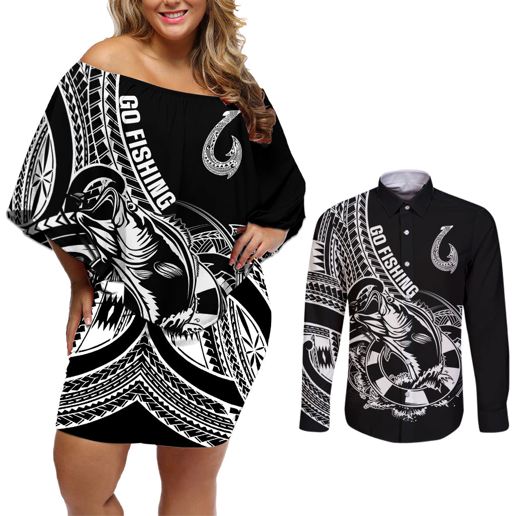 Personalised Polynesia Couples Matching Off Shoulder Short Dress and Long Sleeve Button Shirts Fish Hook Tattoo Go Fishing Polynesian Pattern Black - Wonder Print Shop