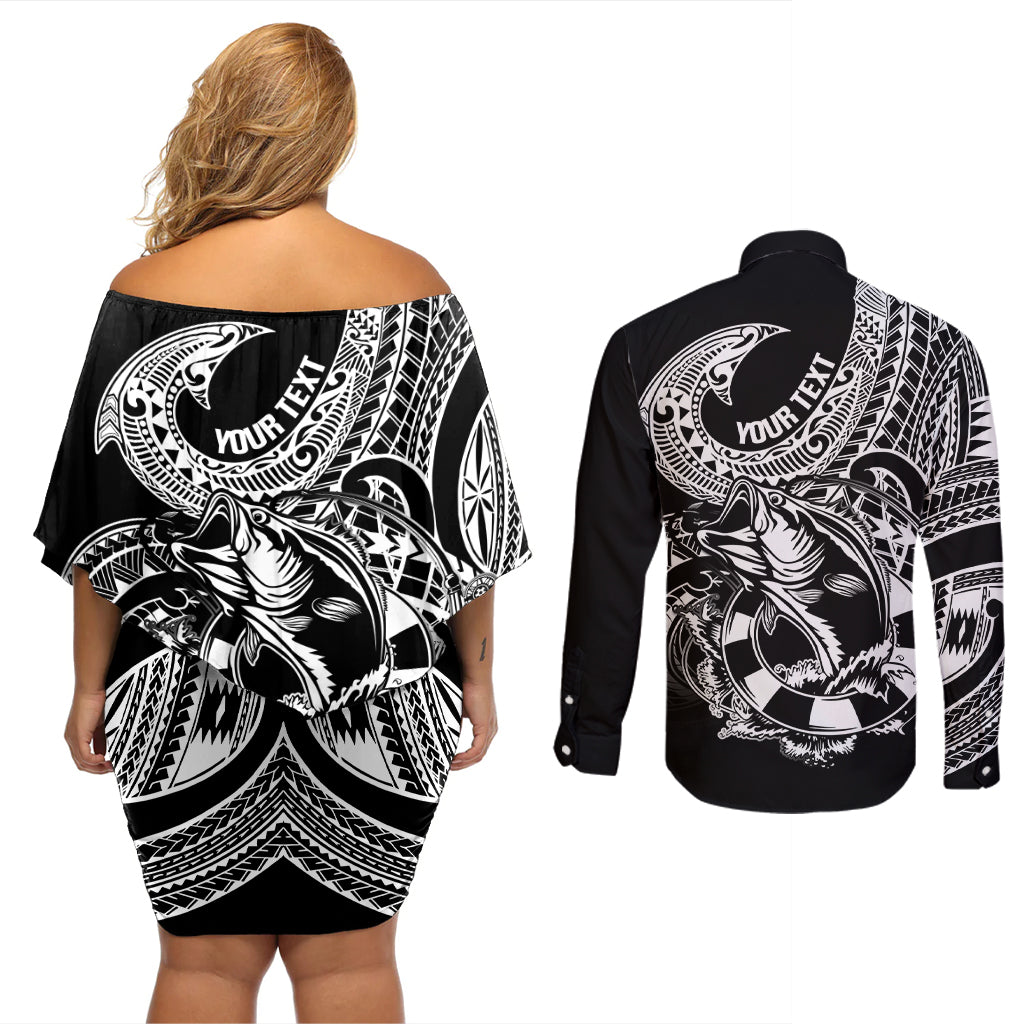 Personalised Polynesia Couples Matching Off Shoulder Short Dress and Long Sleeve Button Shirts Fish Hook Tattoo Go Fishing Polynesian Pattern Black - Wonder Print Shop