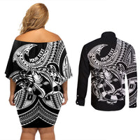Personalised Polynesia Couples Matching Off Shoulder Short Dress and Long Sleeve Button Shirts Fish Hook Tattoo Go Fishing Polynesian Pattern Black - Wonder Print Shop