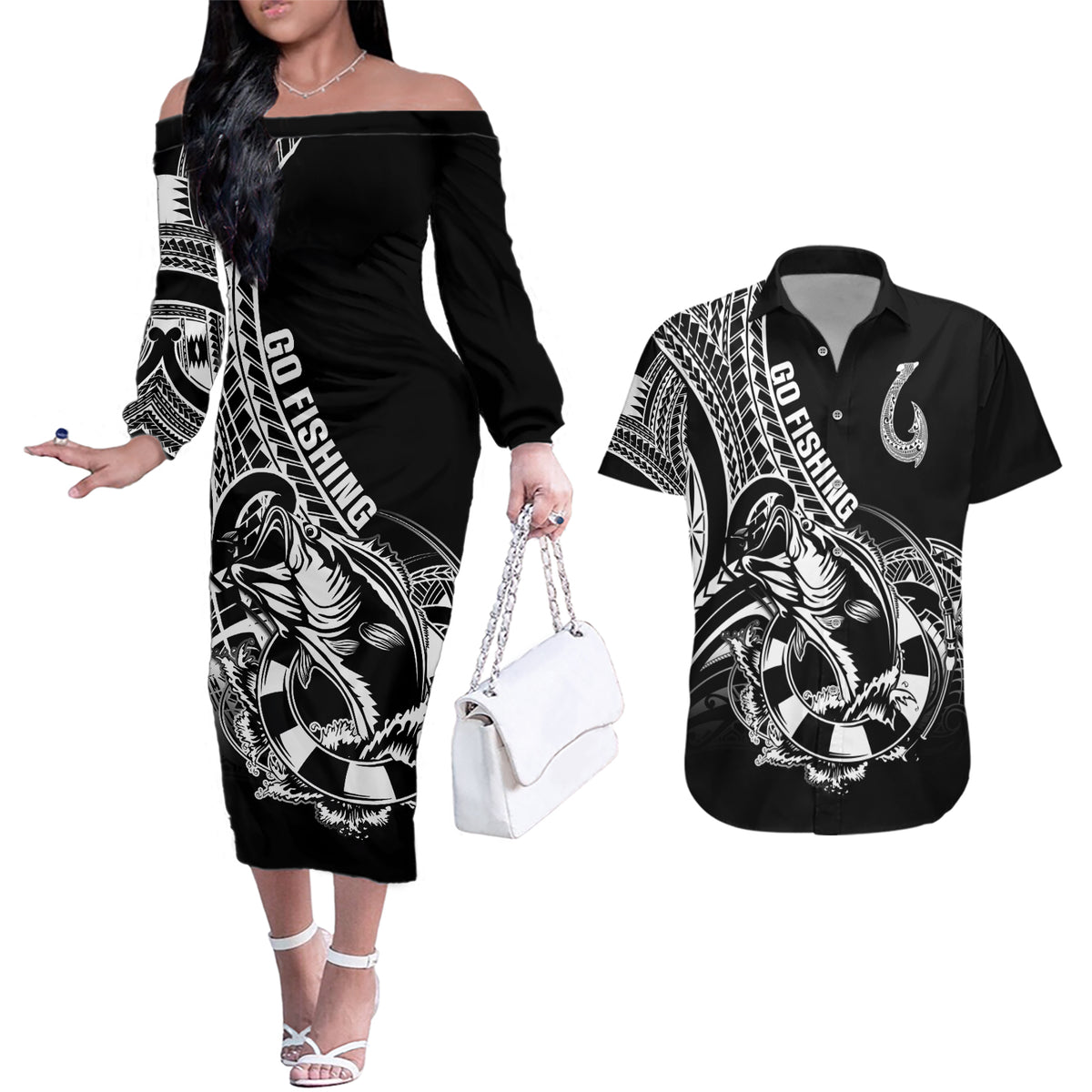 Personalised Polynesia Couples Matching Off The Shoulder Long Sleeve Dress and Hawaiian Shirt Fish Hook Tattoo Go Fishing Polynesian Pattern Black - Wonder Print Shop