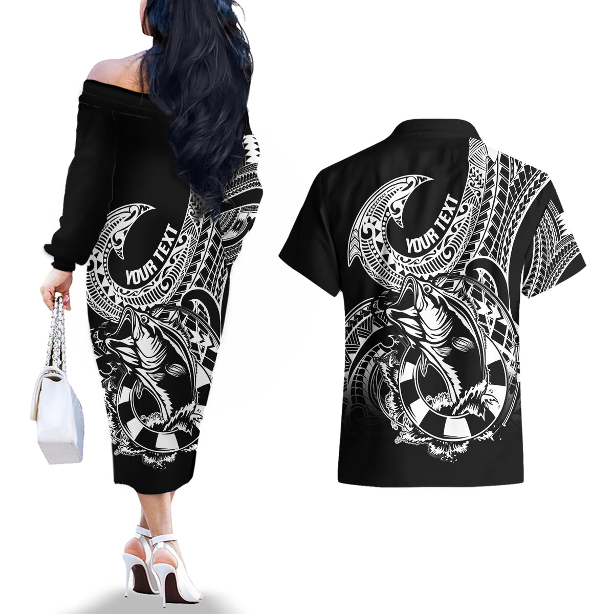 Personalised Polynesia Couples Matching Off The Shoulder Long Sleeve Dress and Hawaiian Shirt Fish Hook Tattoo Go Fishing Polynesian Pattern Black - Wonder Print Shop