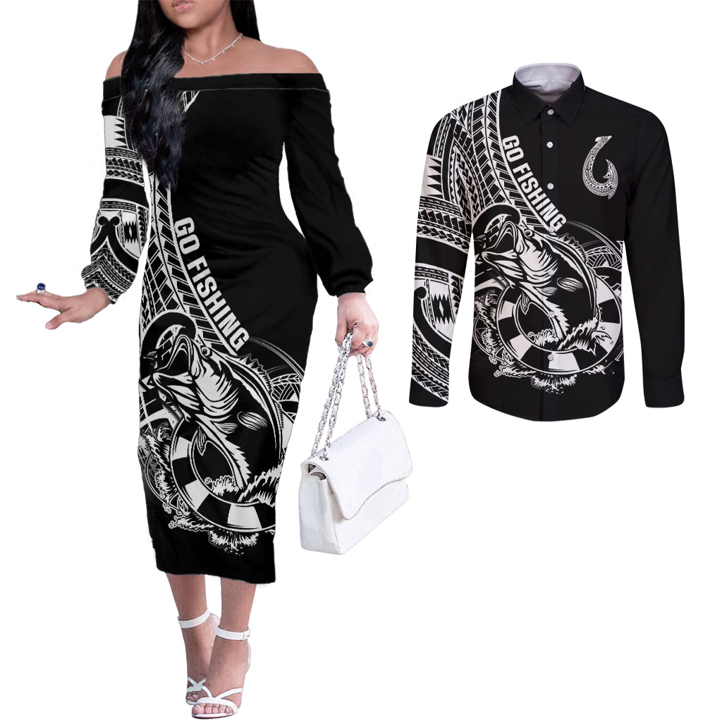 personalised-polynesia-couples-matching-off-the-shoulder-long-sleeve-dress-and-long-sleeve-button-shirts-fish-hook-tattoo-go-fishing-polynesian-pattern-black