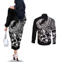 personalised-polynesia-couples-matching-off-the-shoulder-long-sleeve-dress-and-long-sleeve-button-shirts-fish-hook-tattoo-go-fishing-polynesian-pattern-black