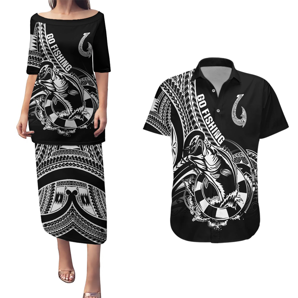 Personalised Polynesia Couples Matching Puletasi Dress and Hawaiian Shirt Fish Hook Tattoo Go Fishing Polynesian Pattern Black - Wonder Print Shop