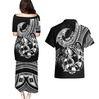 Personalised Polynesia Couples Matching Puletasi Dress and Hawaiian Shirt Fish Hook Tattoo Go Fishing Polynesian Pattern Black - Wonder Print Shop