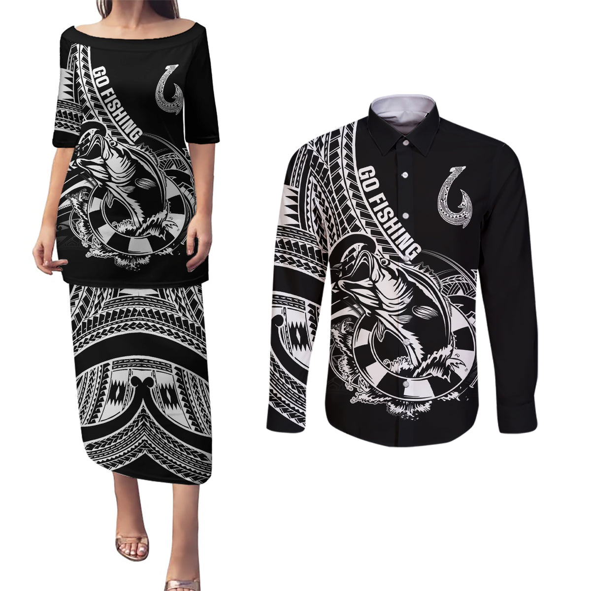 Personalised Polynesia Couples Matching Puletasi Dress and Long Sleeve Button Shirts Fish Hook Tattoo Go Fishing Polynesian Pattern Black - Wonder Print Shop