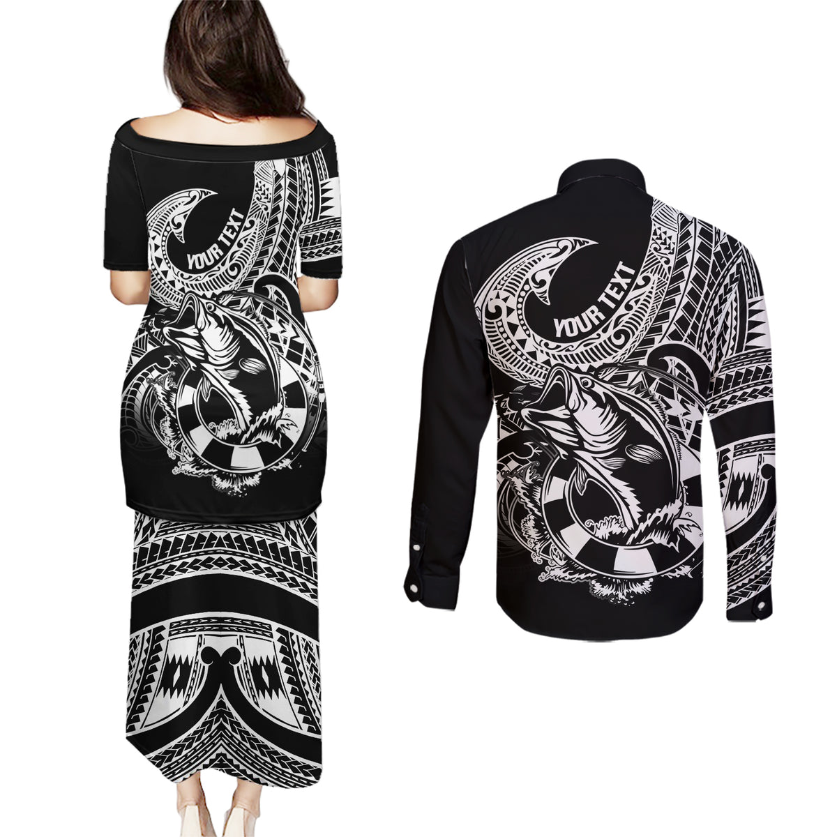 Personalised Polynesia Couples Matching Puletasi Dress and Long Sleeve Button Shirts Fish Hook Tattoo Go Fishing Polynesian Pattern Black - Wonder Print Shop