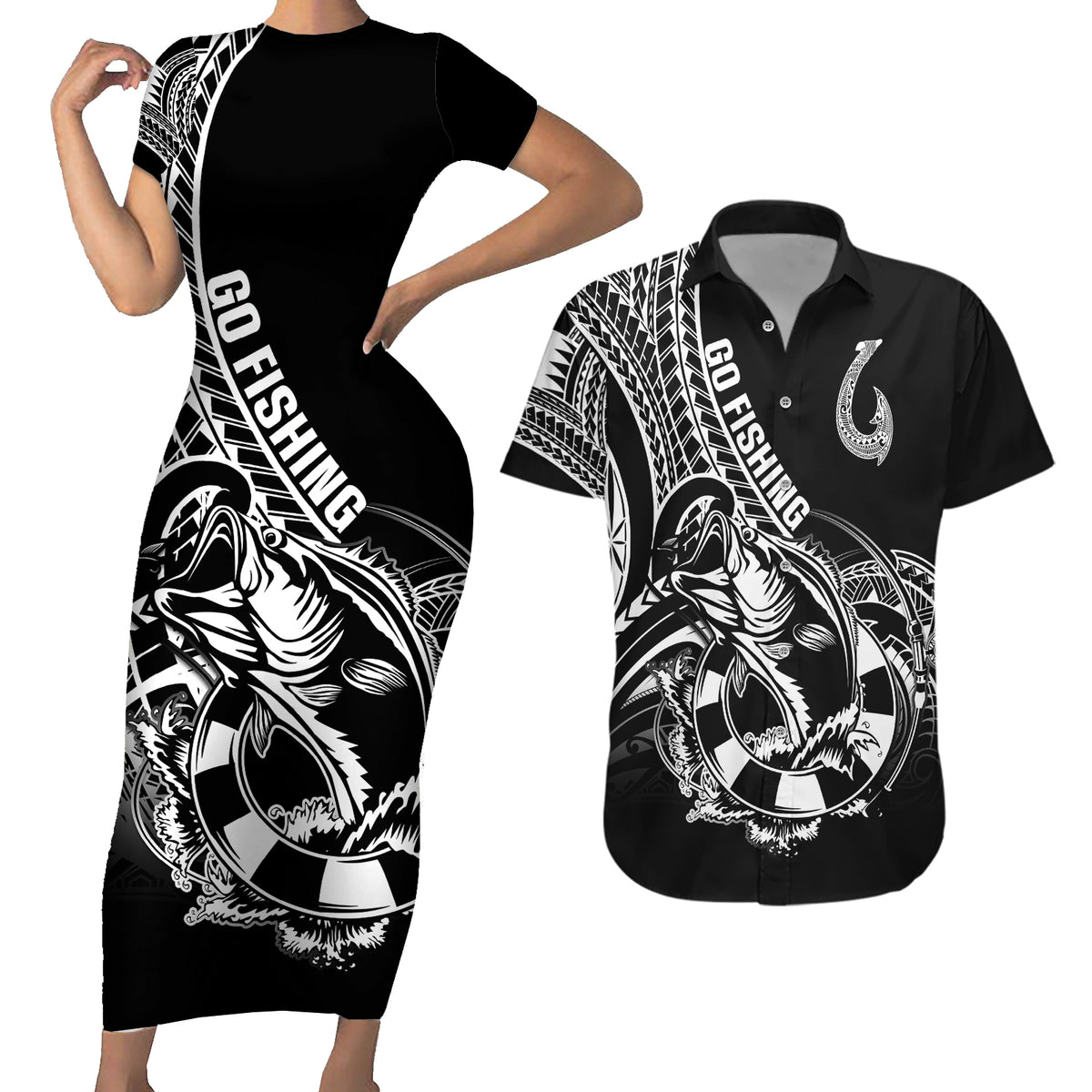 Personalised Polynesia Couples Matching Short Sleeve Bodycon Dress and Hawaiian Shirt Fish Hook Tattoo Go Fishing Polynesian Pattern Black - Wonder Print Shop
