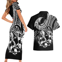 Personalised Polynesia Couples Matching Short Sleeve Bodycon Dress and Hawaiian Shirt Fish Hook Tattoo Go Fishing Polynesian Pattern Black - Wonder Print Shop