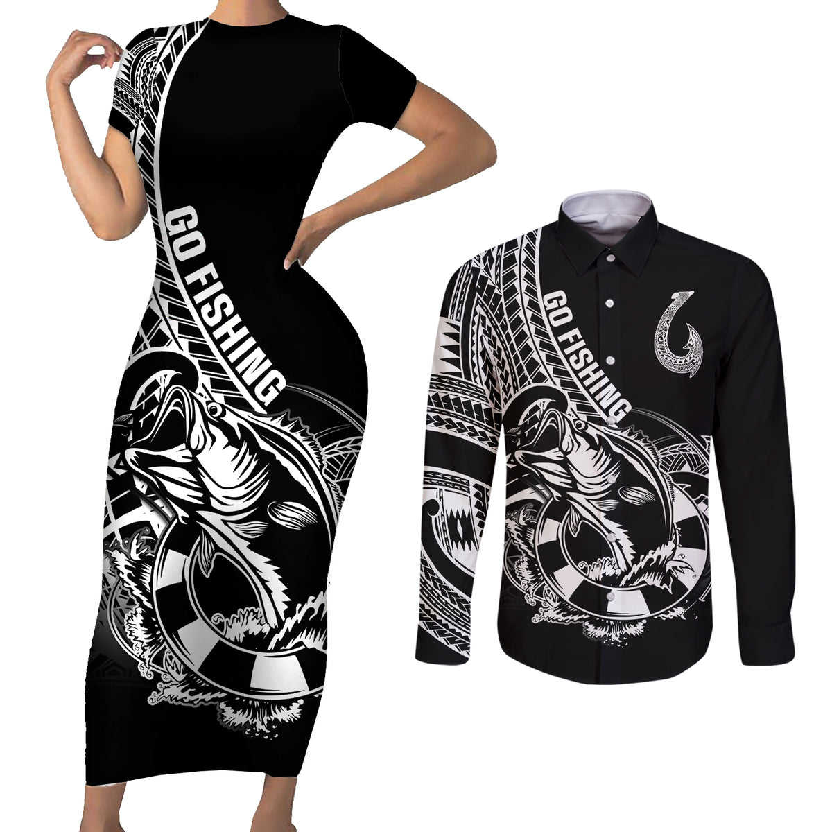 Personalised Polynesia Couples Matching Short Sleeve Bodycon Dress and Long Sleeve Button Shirts Fish Hook Tattoo Go Fishing Polynesian Pattern Black - Wonder Print Shop