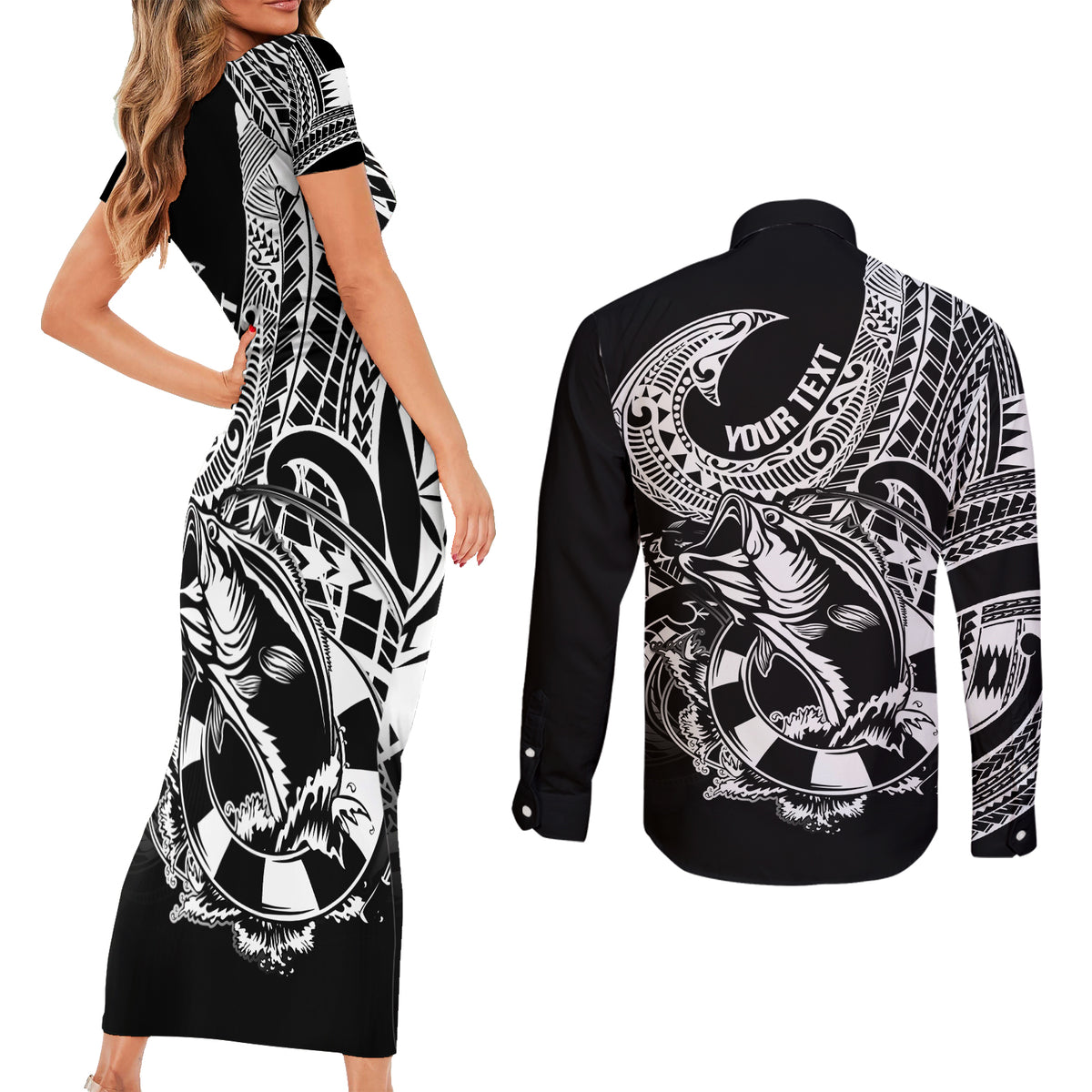 Personalised Polynesia Couples Matching Short Sleeve Bodycon Dress and Long Sleeve Button Shirts Fish Hook Tattoo Go Fishing Polynesian Pattern Black - Wonder Print Shop