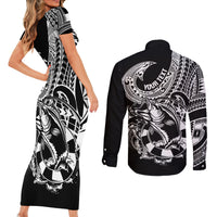 Personalised Polynesia Couples Matching Short Sleeve Bodycon Dress and Long Sleeve Button Shirts Fish Hook Tattoo Go Fishing Polynesian Pattern Black - Wonder Print Shop