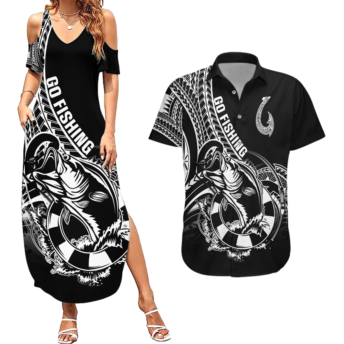 Personalised Polynesia Couples Matching Summer Maxi Dress and Hawaiian Shirt Fish Hook Tattoo Go Fishing Polynesian Pattern Black - Wonder Print Shop