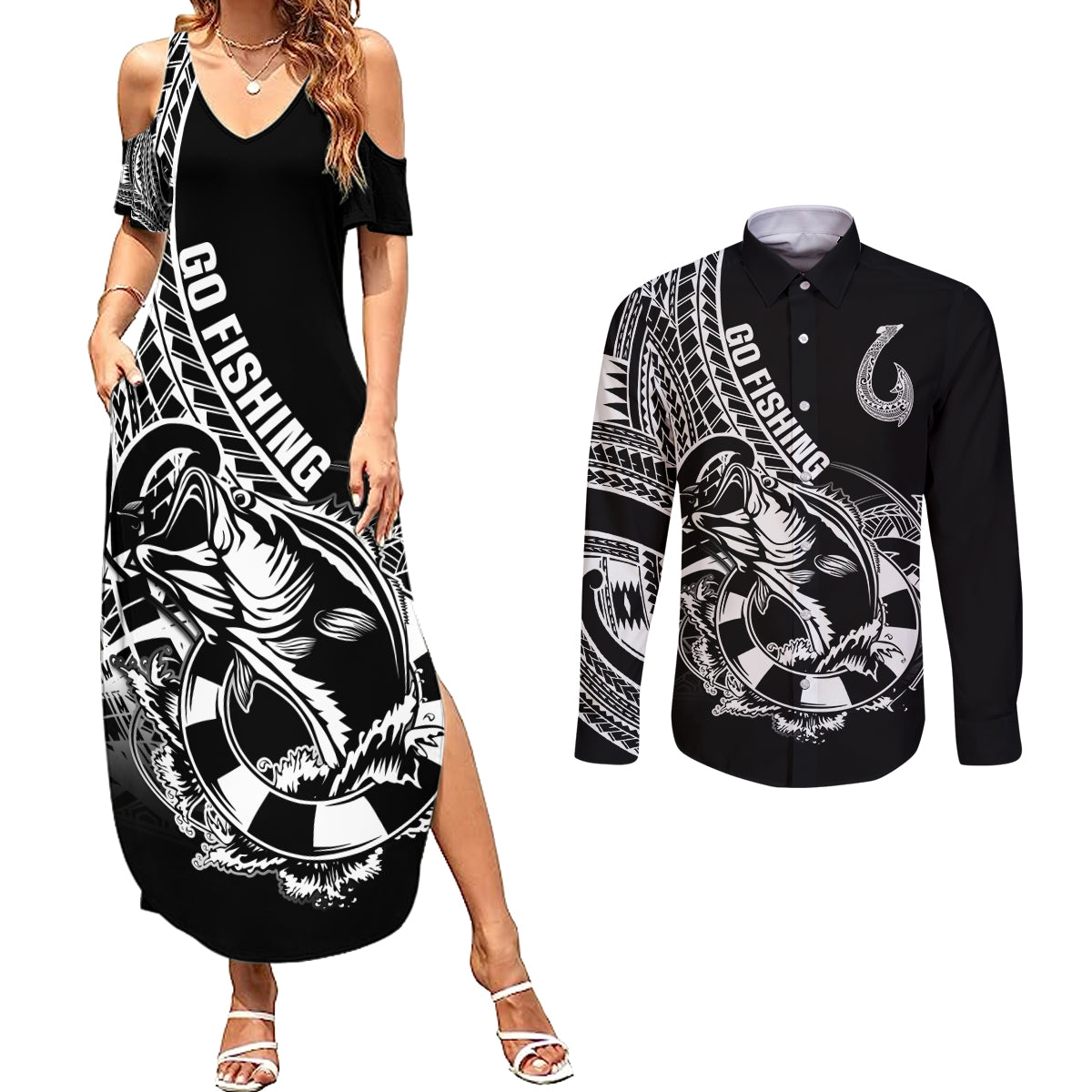 Personalised Polynesia Couples Matching Summer Maxi Dress and Long Sleeve Button Shirts Fish Hook Tattoo Go Fishing Polynesian Pattern Black - Wonder Print Shop
