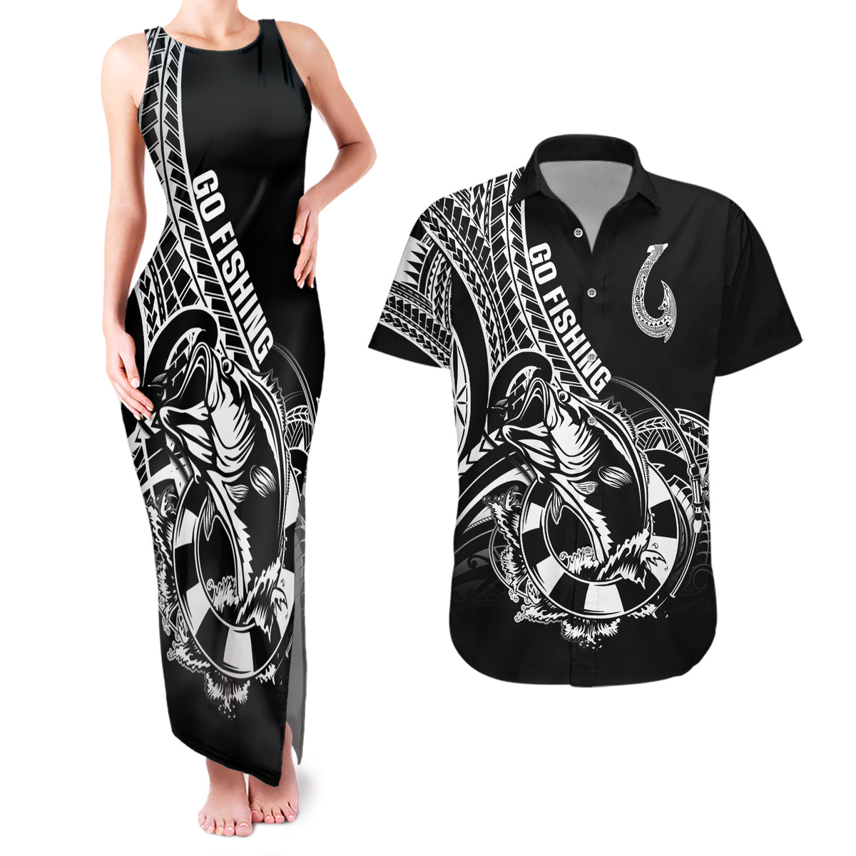 Personalised Polynesia Couples Matching Tank Maxi Dress and Hawaiian Shirt Fish Hook Tattoo Go Fishing Polynesian Pattern Black - Wonder Print Shop