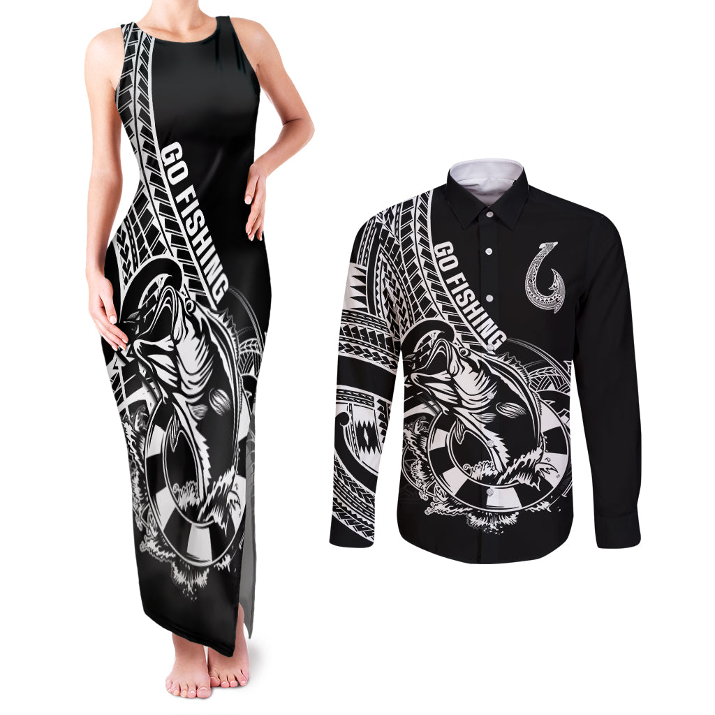Personalised Polynesia Couples Matching Tank Maxi Dress and Long Sleeve Button Shirts Fish Hook Tattoo Go Fishing Polynesian Pattern Black - Wonder Print Shop