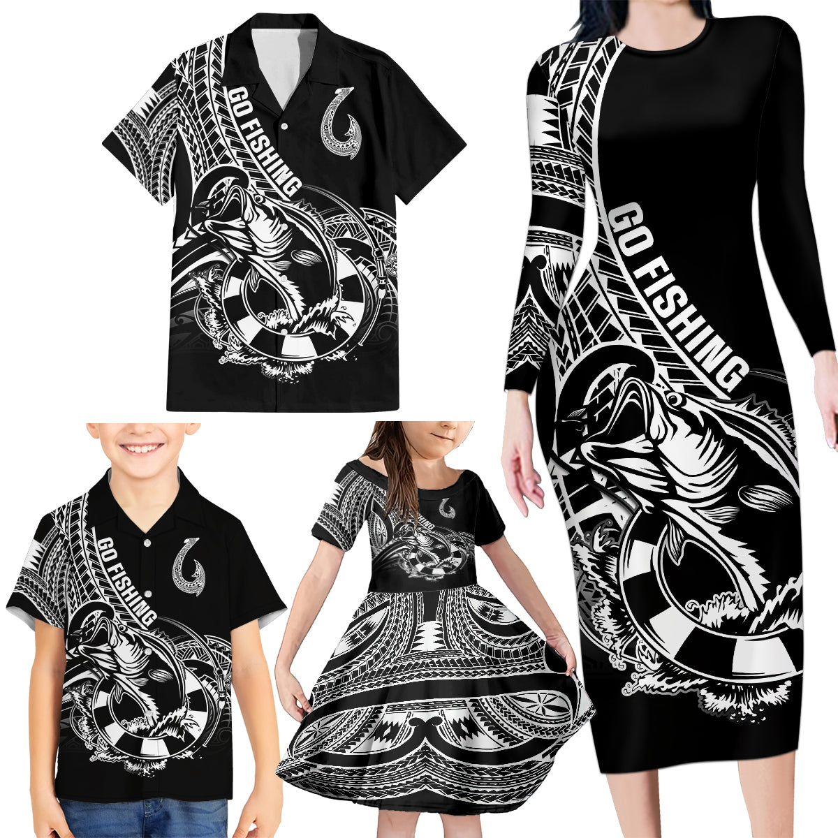 Personalised Polynesia Family Matching Long Sleeve Bodycon Dress and Hawaiian Shirt Fish Hook Tattoo Go Fishing Polynesian Pattern Black - Wonder Print Shop