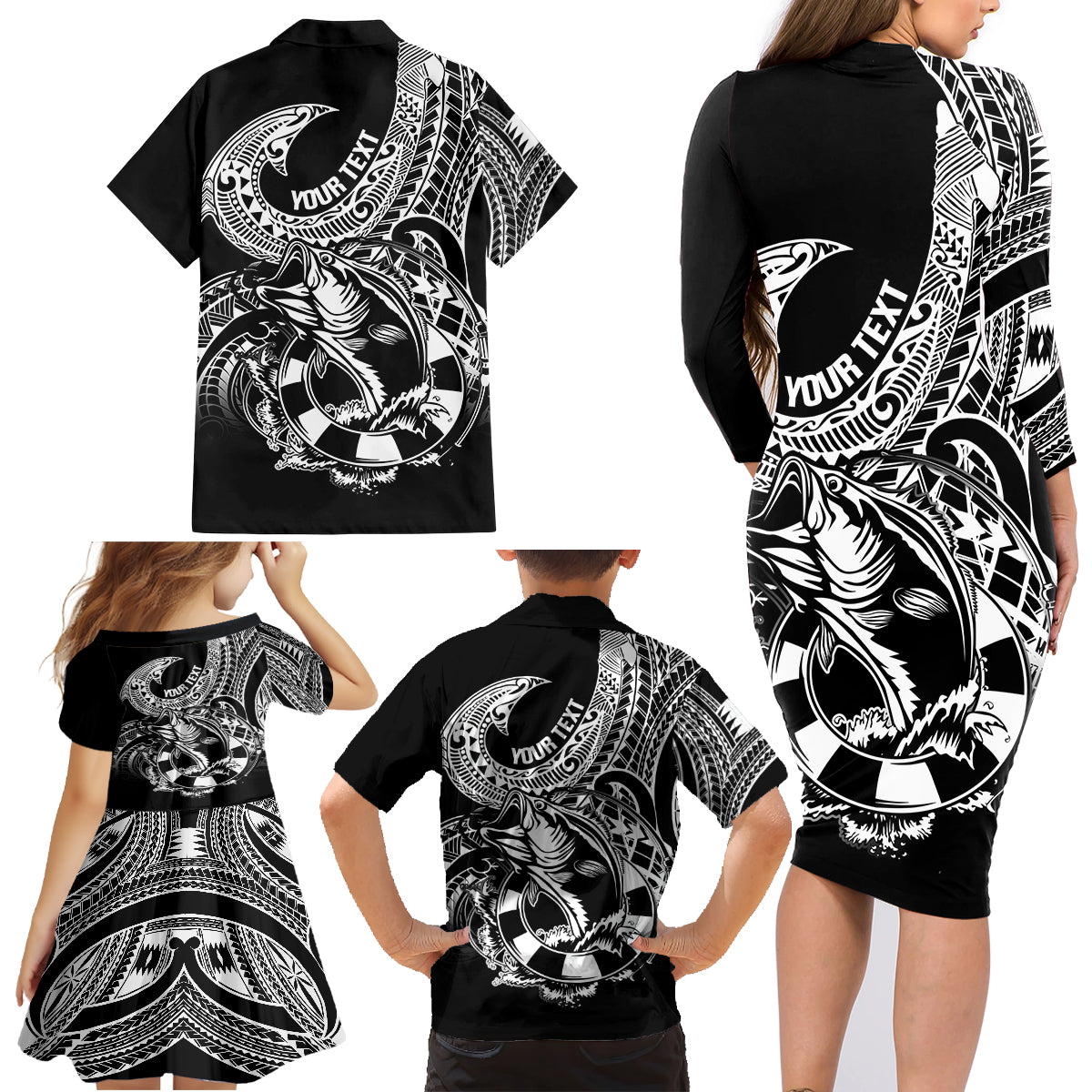 Personalised Polynesia Family Matching Long Sleeve Bodycon Dress and Hawaiian Shirt Fish Hook Tattoo Go Fishing Polynesian Pattern Black - Wonder Print Shop