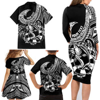 Personalised Polynesia Family Matching Long Sleeve Bodycon Dress and Hawaiian Shirt Fish Hook Tattoo Go Fishing Polynesian Pattern Black - Wonder Print Shop