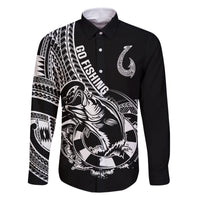 Personalised Polynesia Family Matching Long Sleeve Bodycon Dress and Hawaiian Shirt Fish Hook Tattoo Go Fishing Polynesian Pattern Black - Wonder Print Shop