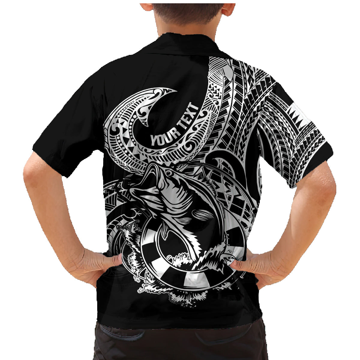 Personalised Polynesia Family Matching Mermaid Dress and Hawaiian Shirt Fish Hook Tattoo Go Fishing Polynesian Pattern Black - Wonder Print Shop