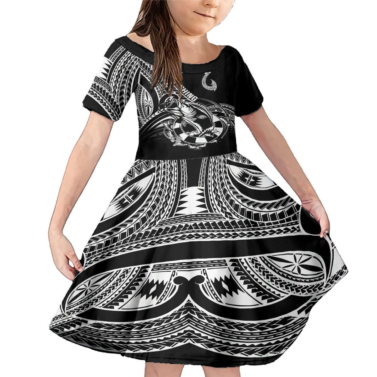 Personalised Polynesia Family Matching Mermaid Dress and Hawaiian Shirt Fish Hook Tattoo Go Fishing Polynesian Pattern Black - Wonder Print Shop