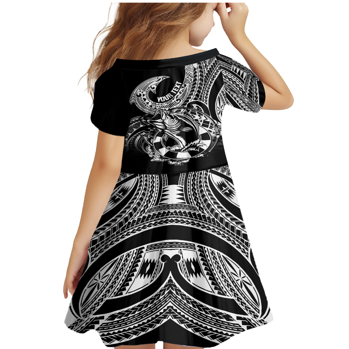 Personalised Polynesia Family Matching Mermaid Dress and Hawaiian Shirt Fish Hook Tattoo Go Fishing Polynesian Pattern Black - Wonder Print Shop