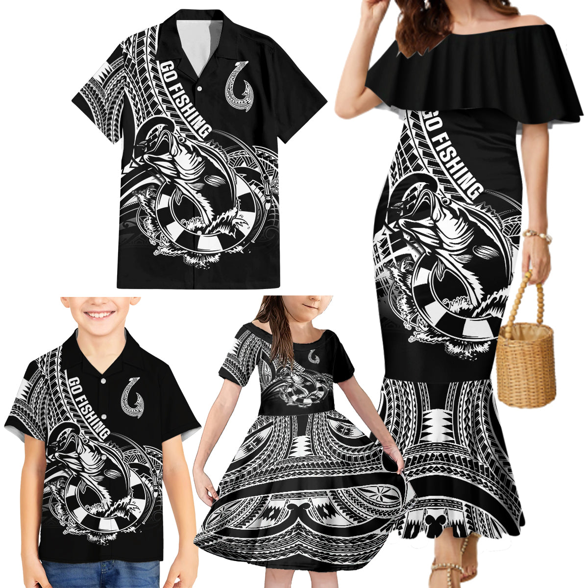 Personalised Polynesia Family Matching Mermaid Dress and Hawaiian Shirt Fish Hook Tattoo Go Fishing Polynesian Pattern Black - Wonder Print Shop