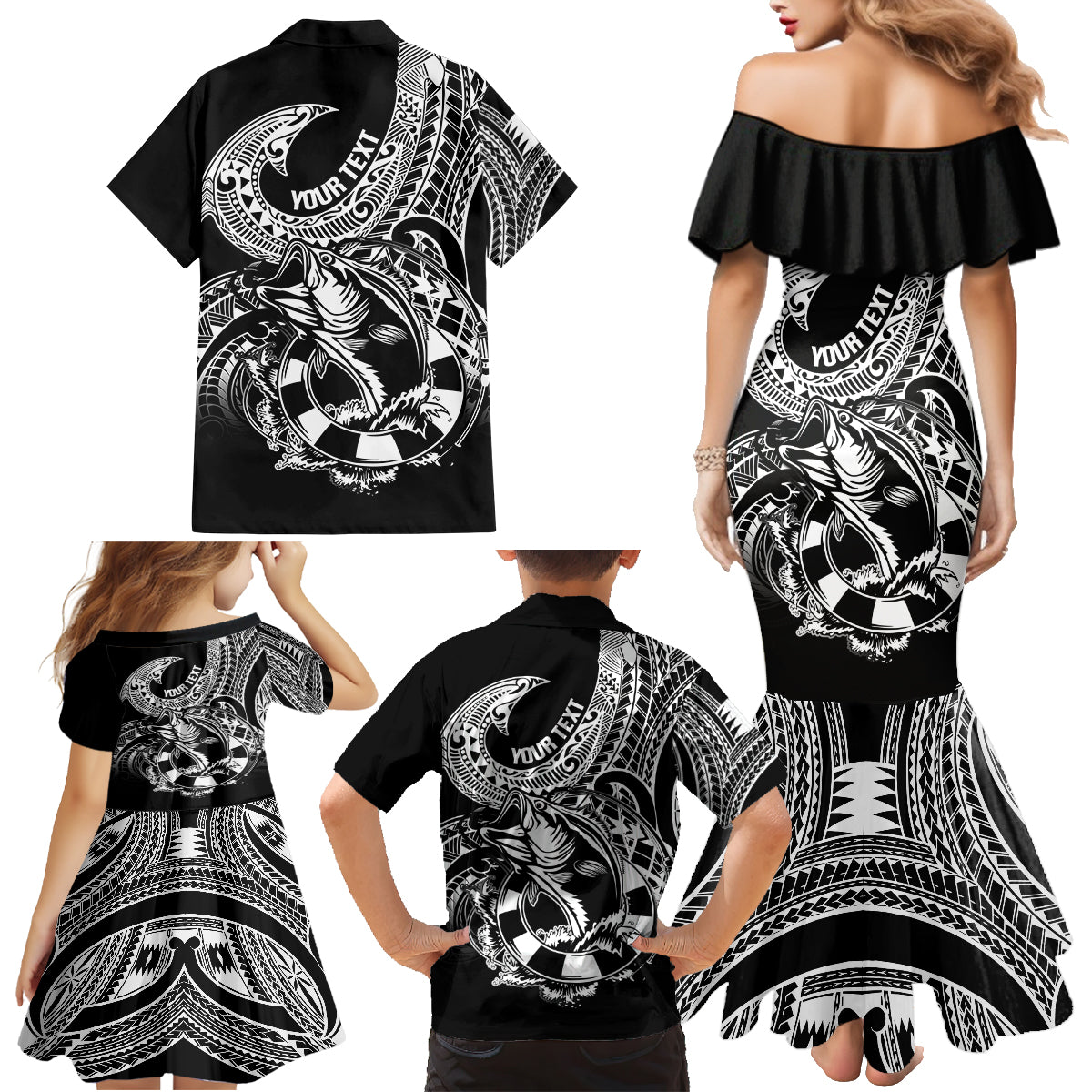 Personalised Polynesia Family Matching Mermaid Dress and Hawaiian Shirt Fish Hook Tattoo Go Fishing Polynesian Pattern Black - Wonder Print Shop