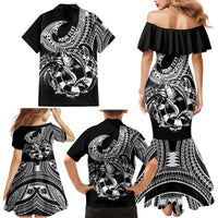 Personalised Polynesia Family Matching Mermaid Dress and Hawaiian Shirt Fish Hook Tattoo Go Fishing Polynesian Pattern Black - Wonder Print Shop