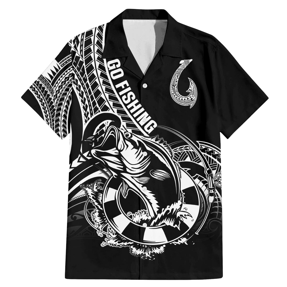 Personalised Polynesia Family Matching Mermaid Dress and Hawaiian Shirt Fish Hook Tattoo Go Fishing Polynesian Pattern Black - Wonder Print Shop