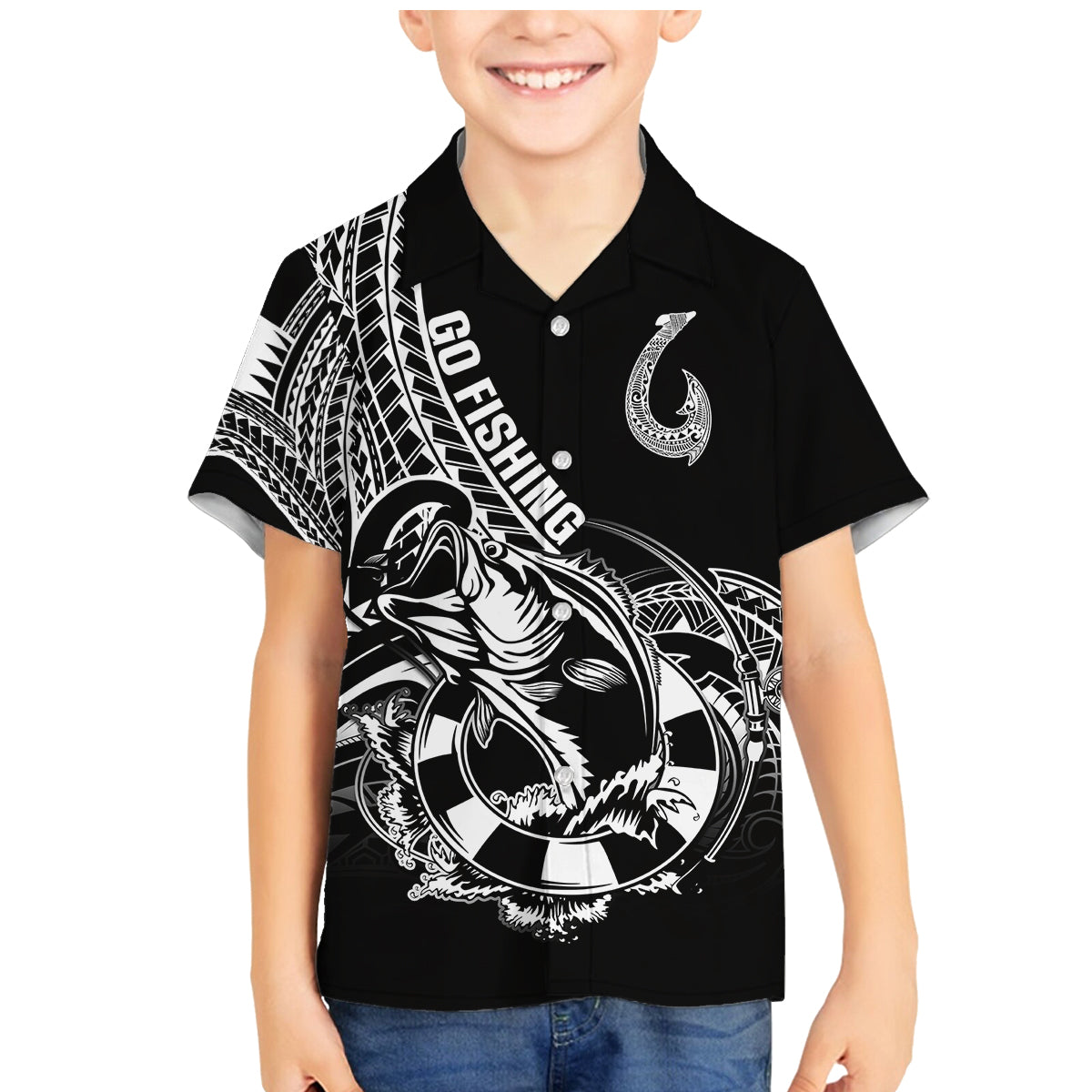 Personalised Polynesia Family Matching Mermaid Dress and Hawaiian Shirt Fish Hook Tattoo Go Fishing Polynesian Pattern Black - Wonder Print Shop
