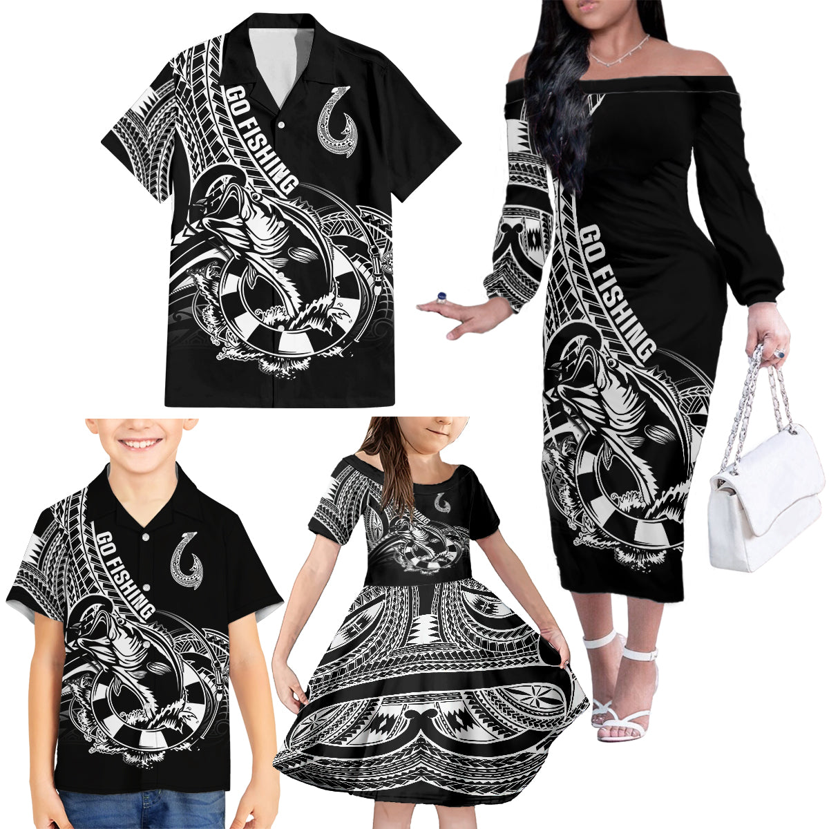 Personalised Polynesia Family Matching Off Shoulder Long Sleeve Dress and Hawaiian Shirt Fish Hook Tattoo Go Fishing Polynesian Pattern Black - Wonder Print Shop