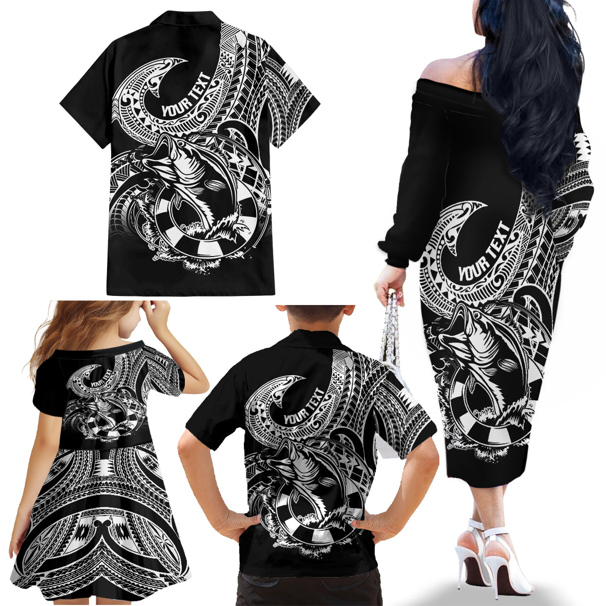 Personalised Polynesia Family Matching Off Shoulder Long Sleeve Dress and Hawaiian Shirt Fish Hook Tattoo Go Fishing Polynesian Pattern Black - Wonder Print Shop